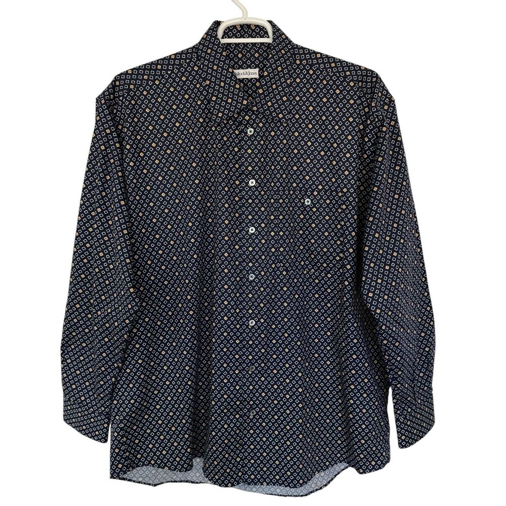 Bullock & Jones Shirt Cotton One Pocket Oversized Diamond Print Navy Pristine XL
